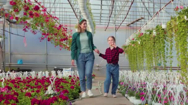 Çiçekçi Dükkanının Sahibi Kadın Çocuğun Portresi Serada Ele Tutuşup Yürüyorlar — Stok video