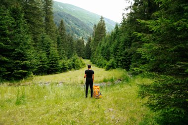 Yükseklerdeki bir ormanda yürüyen genç bir yürüyüşçünün ön görüntüsü, bir sırt çantası taşıyarak, etkin yaşam tarzını ve yürüyüşle ilişkili özgürlüğü tasvir ediyor..