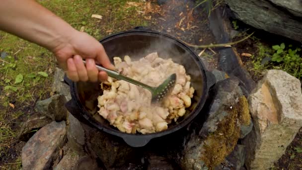 Cucinare Falò Calderone All Aperto Nel Bosco Campeggio Escursione Vecchio — Video Stock