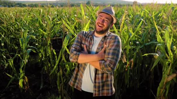 Magabiztos Boldog Fiatal Férfi Farmer Áll Keresztbe Tett Karokkal Kukoricaföldön — Stock videók