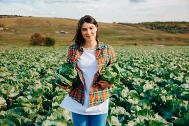 Ekose gömlekli genç bir çiftçi kadının elindeki iki lahana kameraya bakıyor. Sağlam iş ve zengin hasat. Saha çalışması için güzel bir hava..