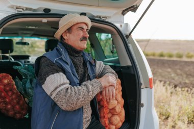 Hasat Yansıması Yaşlı çiftçi arabanın bagajında oturan, patates çuvalları ile çevrili, devam eden hasat çalışmalarını ve zaferlerini yansıtır.