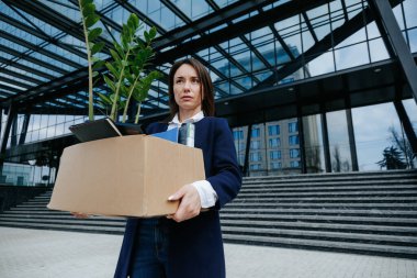 Elinde bir karton kutu tutan kızgın bir kadın, ekonomik durgunlukta iş bulmanın zorluklarından kaynaklanan hayal kırıklığını ve sinir bozukluğunu resmediyor..