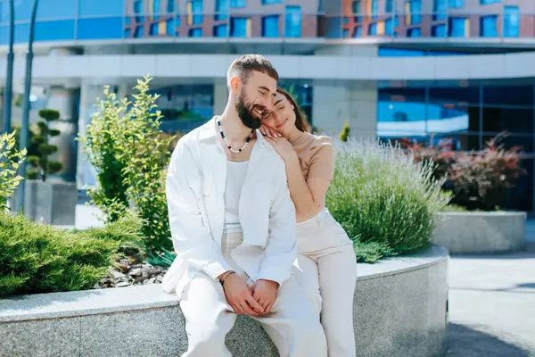 stock image Portrait of a couple, the man and woman, smiling and happy outside. Happiness and Togetherness Young Couple in an Outdoor Portrait