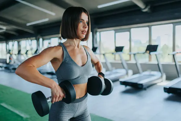 stock image This Hispanic sportswoman is working out with dumbbells, demonstrating her dedication. Hispanic Dedication Woman Practices Bodybuilding with Dumbbells