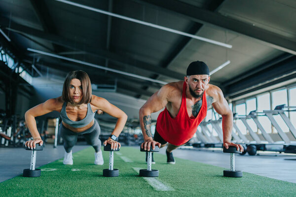 Внутри современного тренажерного зала, разнообразная группа людей, включая мужчин и женщин, участвуют в интенсивной тренировке гантелей, подчеркивая их приверженность физическому здоровью.