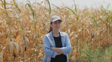 Güneşli bir mısır tarlasının yanında bir kadın çiftçi. Altın mısır sapları ve mavi gökyüzü kırsal yaşamın huzurlu ve huzurlu bir görüntüsünü yaratır..