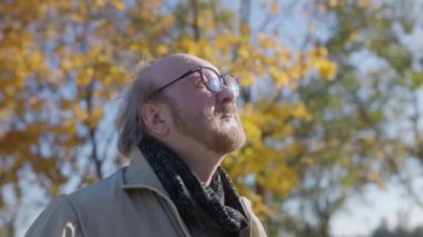 Sakallı ve gözlüklü olgun bir beyefendi bir sonbahar parkında geziniyor, güneşli bir günün dinginliğinin ve huzurunun tadını çıkarıyor mevsimlik renklerin ve yaprakların arasında..