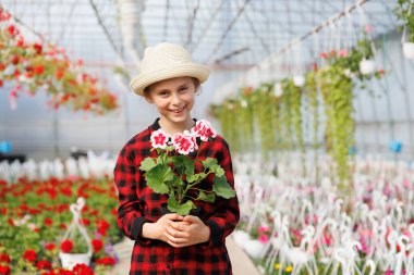 Bahçıvan çocuğun kızı kameraya bakıyor ve elinde saksıyla gülümsüyor. Çiçek ve bitkilerle dolu serada aile işlerimiz var. Boşlukları kopyala.