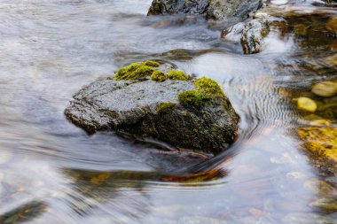 Dağ vadisinde uzun bir nehir akıntısı var. Dağ nehrinde yavaş çekim yüzeyi kaynayan su. Kaynağından tatlı su kaynıyor. kırpılmış