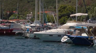 Bir grup tekne marinaya yanaştı. Tekneler mavi ve beyaz bir tekne de dahil olmak üzere çeşitli boyutlarda ve renklerdedir. Sahne huzurlu ve huzurlu, tekneler suda dinleniyor.