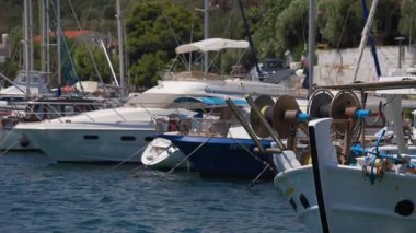 Bir grup tekne marinaya yanaştı. Tekneler, mavi çizgili beyaz bir tekne de dahil olmak üzere çeşitli boyutlarda ve renklerde. Sahne huzurlu ve huzurlu, tekneler suda dinleniyor.