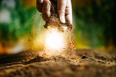 Bir el havaya ince toprak parçacıkları salıyor ve toz bulutu oluşturuyor. Güneş ışığı çevreleyen yaprakların arasından akar, canlı bir açık hava ortamında manzarayı aydınlatır..