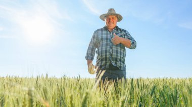 Gülümseyen yaşlı erkek çiftçi yaz günü tarlada dikilirken kameraya bakıyor ve el hareketlerini gösteriyor. Neşe dolu olgun bir adam kırsal alandaki fotokopi alanında başparmak kaldırıyor