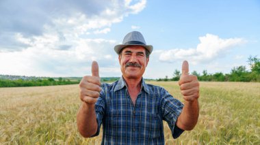 Bıyıklı yaşlı çiftçi kameraya bakarak başparmağını kaldırıyor. Tarımsal alanda kıdemli bir çiftçinin el kamerası görüntüsü ve ön görüntüsü, çok mutlu.