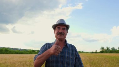 Hintli Amerikalı çiftçi kameraya bakıyor ve başparmağını kaldırıyor. Şirin erkek çiftçi gülümsemesi onaylanmış işareti gösteriyor. Tarım arazisindeki işçi.