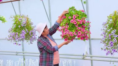 Serada çalışan yaşlı bir kadın çiçek saksılarını dikkatle inceliyor. 