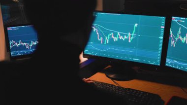 Bir tüccar loş bir odada birden fazla ekran kullanarak pazar analizine odaklanır. Çizelgeler, akşam boyunca yapılacak ticaretin stratejisi olarak fiyat hareketlerini gösteriyor..