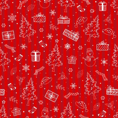 Temayı Noel için pürüzsüz bir desenle ya da kırmızı arkaplanda yeni yıl dekoratifi, vektör illüstrasyonuyla kutla