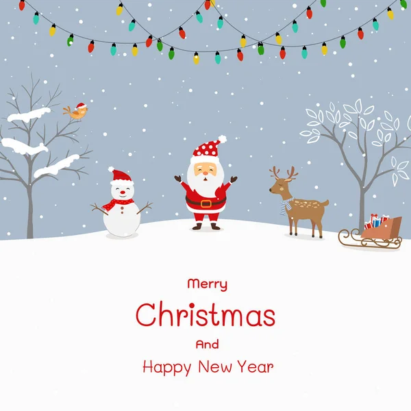 圣诞快乐与新年快乐卡上有可爱的卡通圣诞快乐与冬季风景 病媒图解 — 图库矢量图片