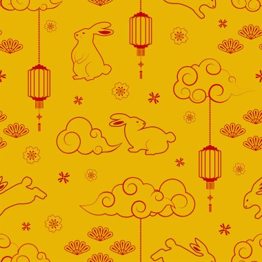 Rabbit character seamless pattern with asian elements for decorative chinese new year 2023 and mid autumn festival,vector illustration