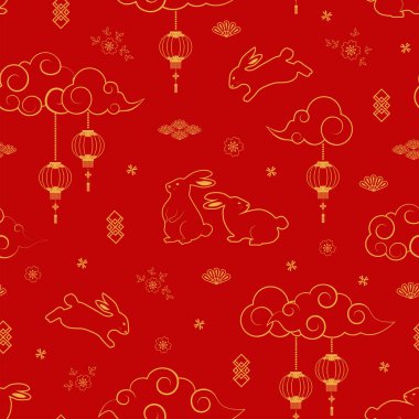 Rabbits character seamless pattern with asian elements on red background for decorative chinese new year 2023 and mid autumn festival,vector illustration