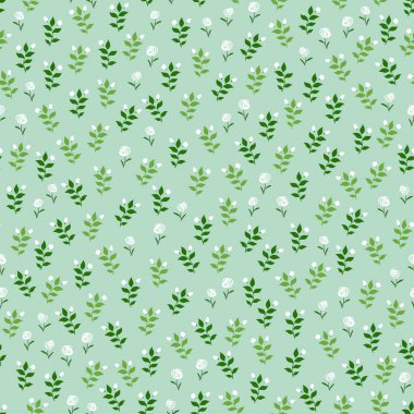 Dekoratif, moda, kumaş, tekstil, baskı veya duvar kağıdı, vektör illüstrasyonu için pastel yeşil arka planda küçük çiçekli ve yapraklı kusursuz desen