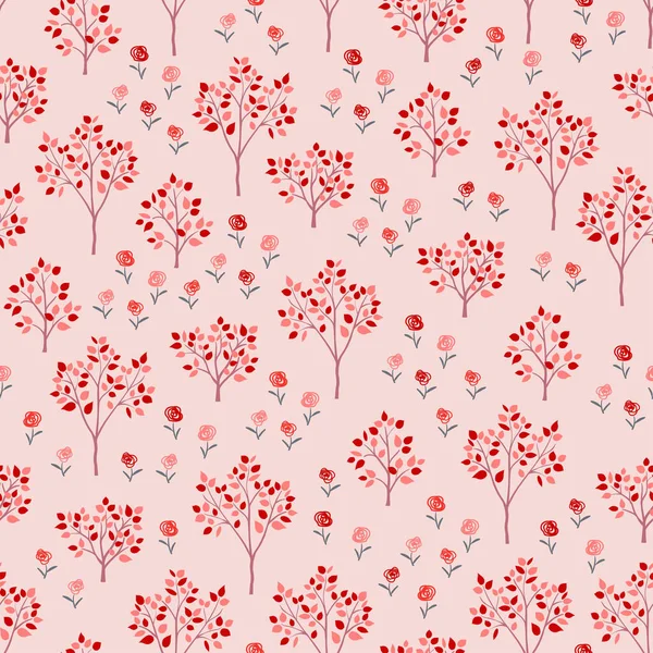 Natura Bezszwowy Wzór Cute Kwitnących Kwiatów Czerwony Różowy Dźwięk Wektor — Wektor stockowy