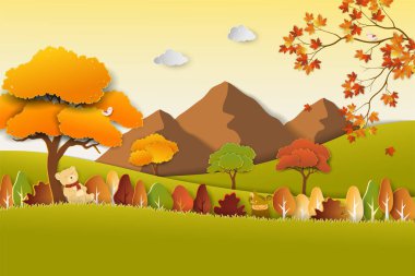 Sonbahar manzarası, kağıt sanatı rengarenk ağaçlar ve sonbahar mevsiminde yapraklar, vektör illüstrasyon