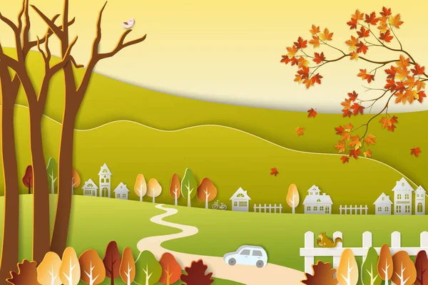 Paisagem Campestre Outono Com Árvores Coloridas Folhas Papel Cortado Sytle — Vetor de Stock