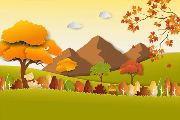 Travel with nature scenery on Autumn landscape,paper art colorful trees and leaves on fall season,vector illustration