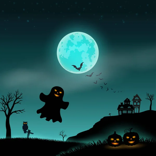 Halloween Nacht Szene Hintergrund Mit Geisterhaus Gruseligen Kürbis Und Geist — Stockvektor