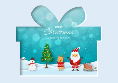 Mutlu Noeller ve yeni yıl tebrik kartı, Noel Baba ve arkadaşlarıyla birlikte kutlayın kış gecesinde mutlu olun, vektör illüstrasyon