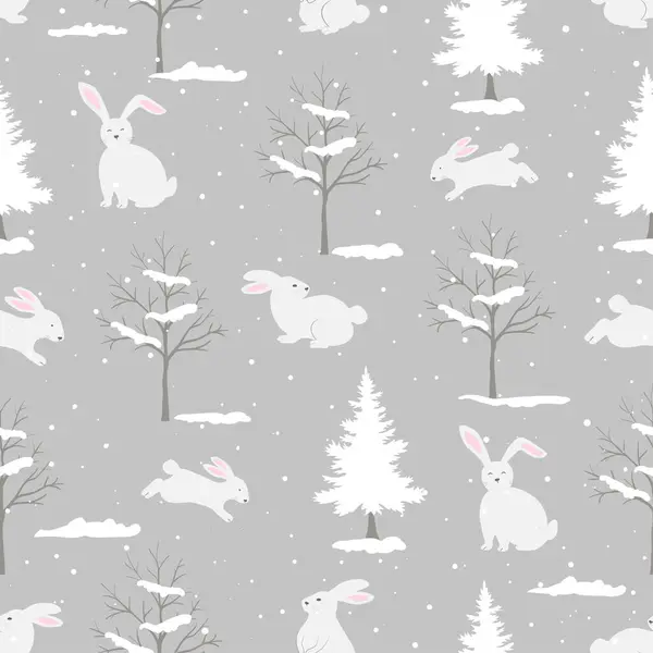 Бесшовный Узор Милыми Белыми Кроликами Деревьями Снегом Сером Фоне Декоративной — стоковый вектор