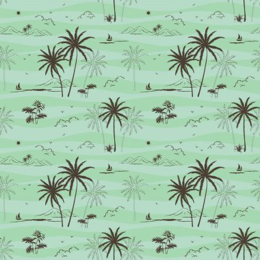 Dekoratif, kumaş, tekstil, Hawaii gömleği baskısı, giysi, ambalaj veya duvar kağıdı, vektör çizimi için el çizimi tropik palmiye plajı pürüzsüz deseni