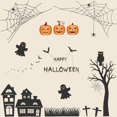 Cadılar Bayramı Clipart seti, parti daveti, tebrik kartı, el ilanı, afiş veya poster tasarım unsurları, vektör illüstrasyonu