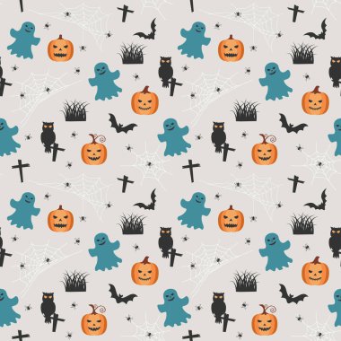 Cadılar Bayramı karikatür deseni, dekoratif, ambalaj kağıdı veya duvar kağıdı, vektör illüstrasyonu için tema arka planını kutlayın