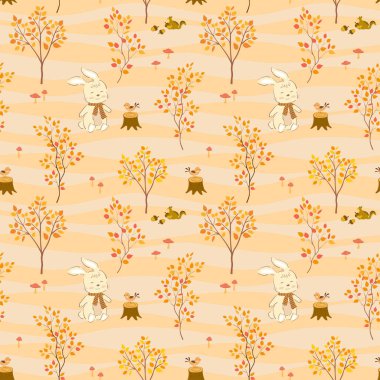 Dekoratif, çocuk ürünü, moda, kumaş, tekstil, baskı veya duvar kâğıdı, vektör çizimi için sevimli çizgi film hayvanları ve renkli yapraklarla sonbahar kusursuz desen