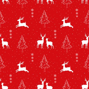 Kırmızı arka planda geyik ailesi ve vektör illüstrasyonuyla kışın sorunsuz bir tatil.