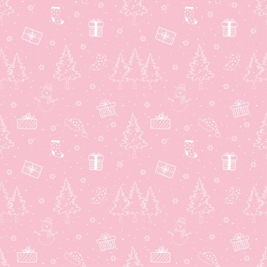 Dekoratif, kutlama partisi, kumaş, tekstil, ambalaj kağıdı ve tüm baskılar için pembe arka planda kusursuz kış tatili deseni