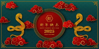 Mutlu Çin yeni yılı 2025, Yılan yeni yılı yeşil zemin temalı, Çince çevirisi mutlu yıllar 2025, yılan yılı, vektör illüstrasyonu