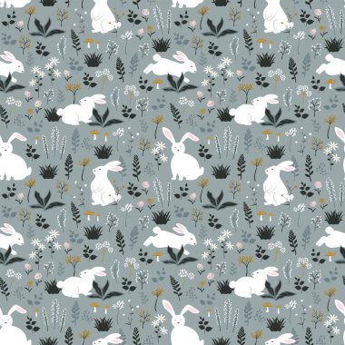 Mutlu Paskalya için bahar bahçesinde el çizimi, kusursuz desenli şirin tavşanlar, vektör çizimi