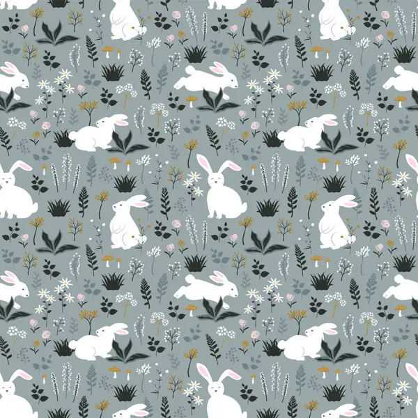 Mutlu Paskalya için bahar bahçesinde el çizimi, kusursuz desenli şirin tavşanlar, vektör çizimi