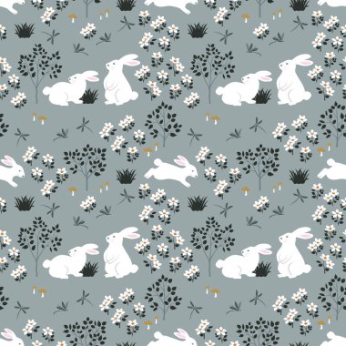 Bahar bahçesinde el çizimi sevimli tavşanlarla kusursuz çiçek deseni, vektör illüstrasyonu