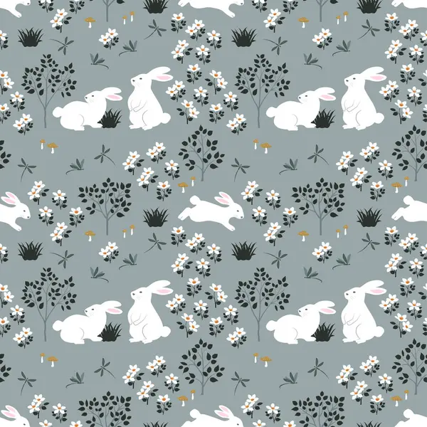 Bahar bahçesinde el çizimi sevimli tavşanlarla kusursuz çiçek deseni, vektör illüstrasyonu
