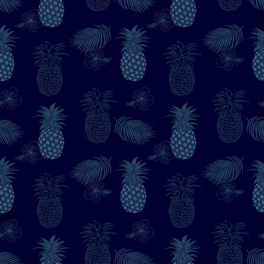 El çizimi tropikal meyveler ve yapraklar pürüzsüz desen, çizgili palmiye yapraklı ananas ve koyu lacivert arka planda amber çiçeği, vektör çizimi