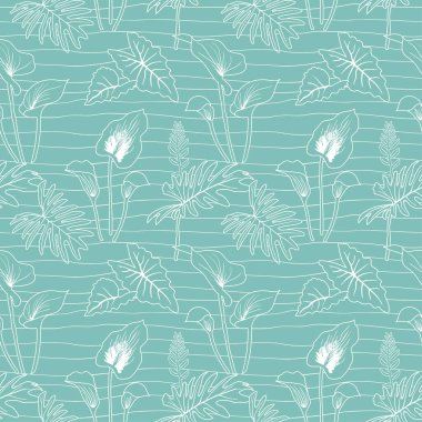 El çizimi tropikal yapraklar mavi arka planda pürüzsüz desen, vektör illüstrasyonu