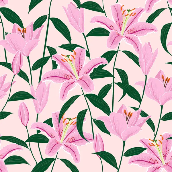 El çizimi güzel zambak deseni Pastel pembe arka planda, vektör illüstrasyon