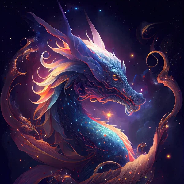 Majestic dragon over magic mystical sky with cosmic galaxy  mystic magic