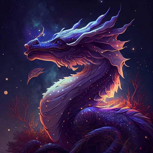 Majestic dragon over magic mystical sky with cosmic galaxy  mystic magic